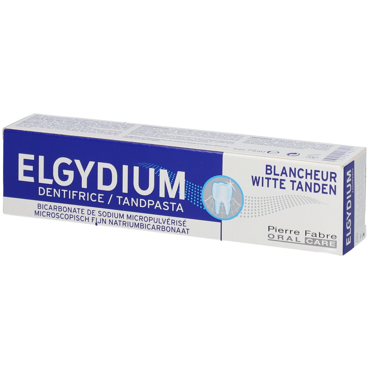 Zahnpasta-Verpackung mit blauem Streifen. Schriftzug: ELGYDIUM, Weiße Zähne. Enthält Natriumbicarbonat.