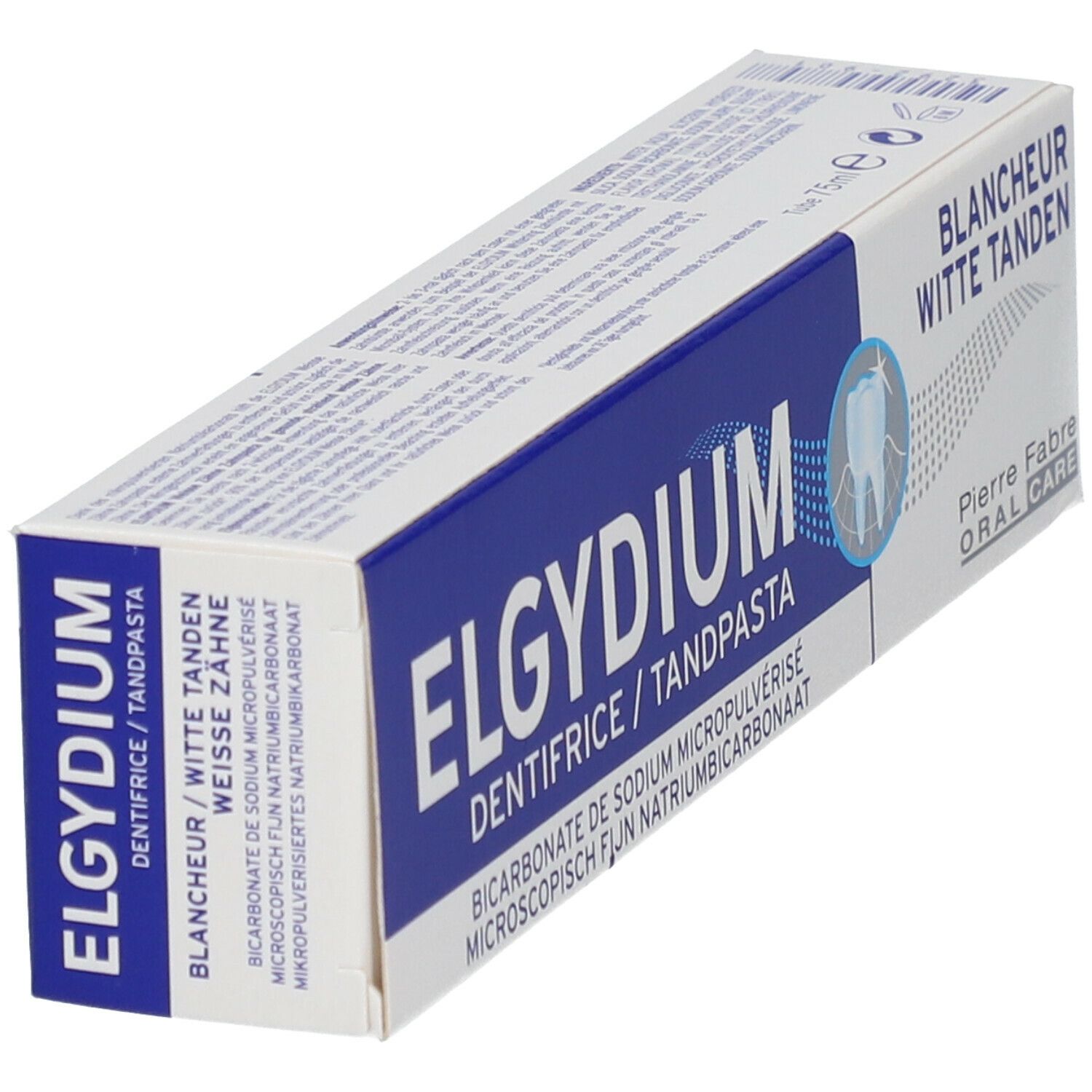 Schräg gestellte Zahnpasta-Verpackung mit blauem Streifen. Schriftzug: ELGYDIUM, Weiße Zähne. Enthält Natriumbicarbonat.