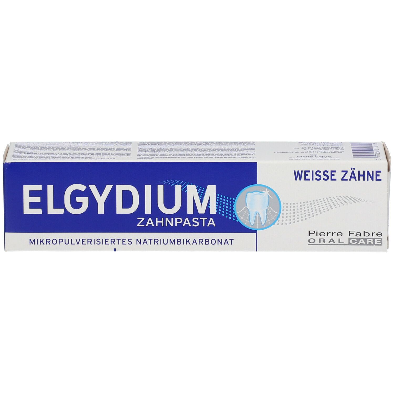 Zahnpasta-Verpackung mit blauem Streifen. Schriftzug: ELGYDIUM, Weiße Zähne. Enthält Natriumbicarbonat.
