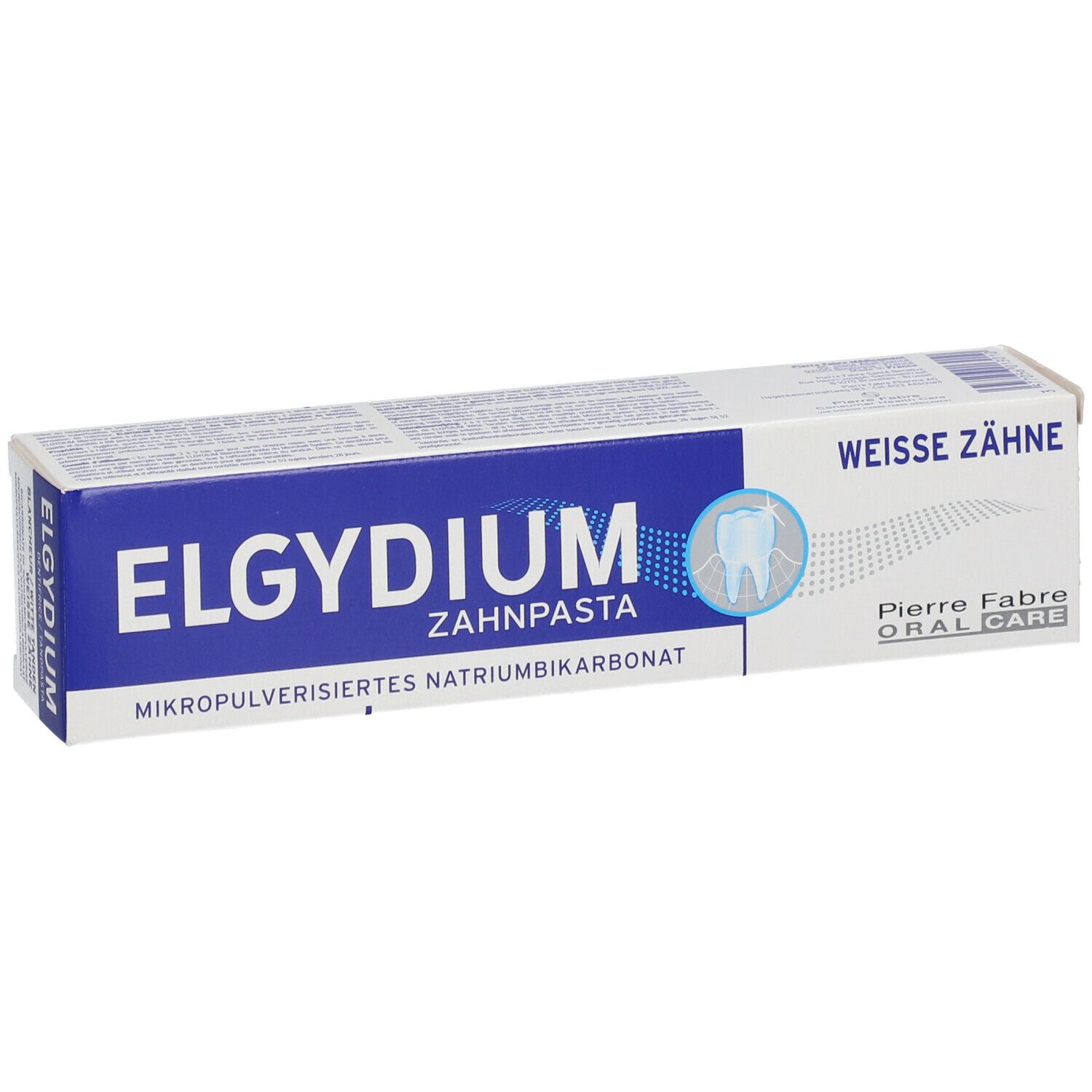 Zahnpasta-Verpackung mit blauem Streifen. Schriftzug: ELGYDIUM, Weiße Zähne. Enthält Natriumbicarbonat.