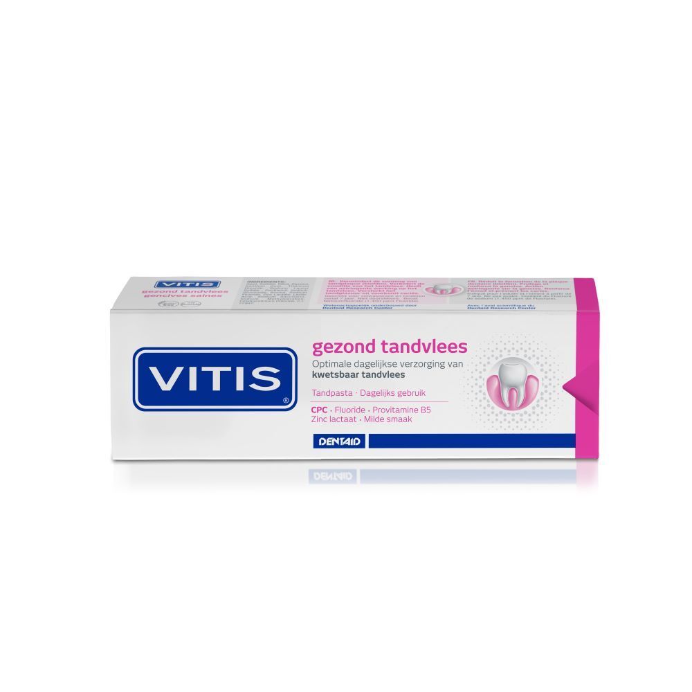 VITIS tandpasta doos. Tekst: gezond tandvlees, gencives saines. Roze accent.