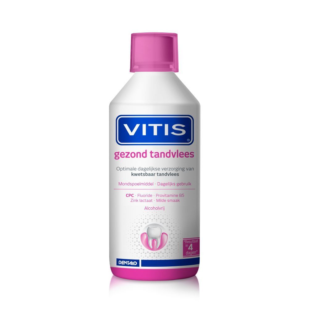 Weiße Flasche mit rosa Verschluss. Aufschrift VITIS und 'gezond tandvlees'. Enthält Informationen über die Inhaltsstoffe und die tägliche Anwendung.
