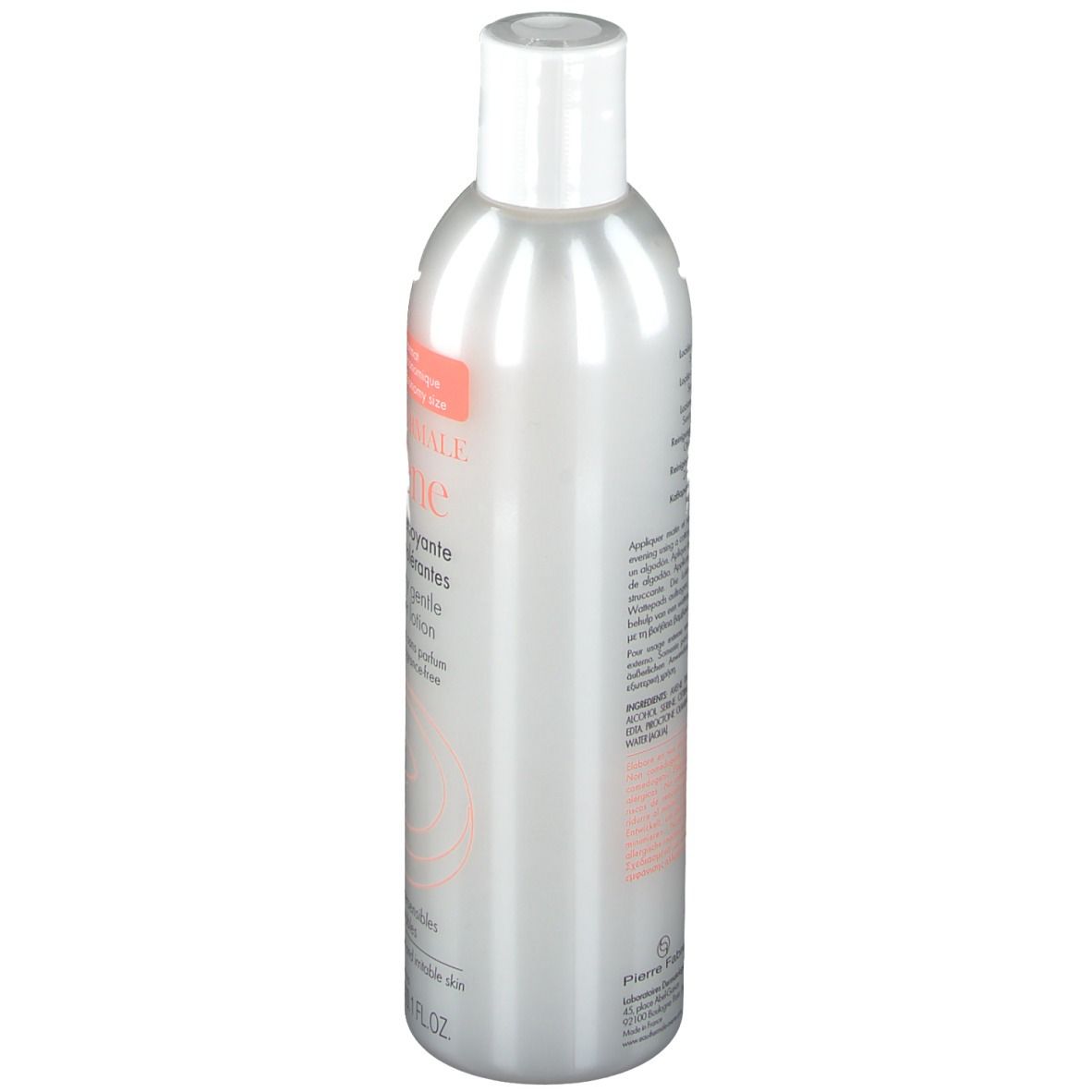 Flacon gris avec bouchon blanc. Texte sur le côté, dont ingrédients et informations fabricant.
