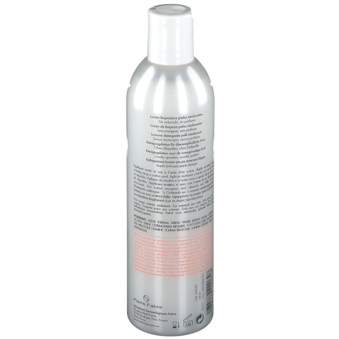 Flacon gris avec bouchon blanc. Dos avec texte, dont ingrédients et informations fabricant.