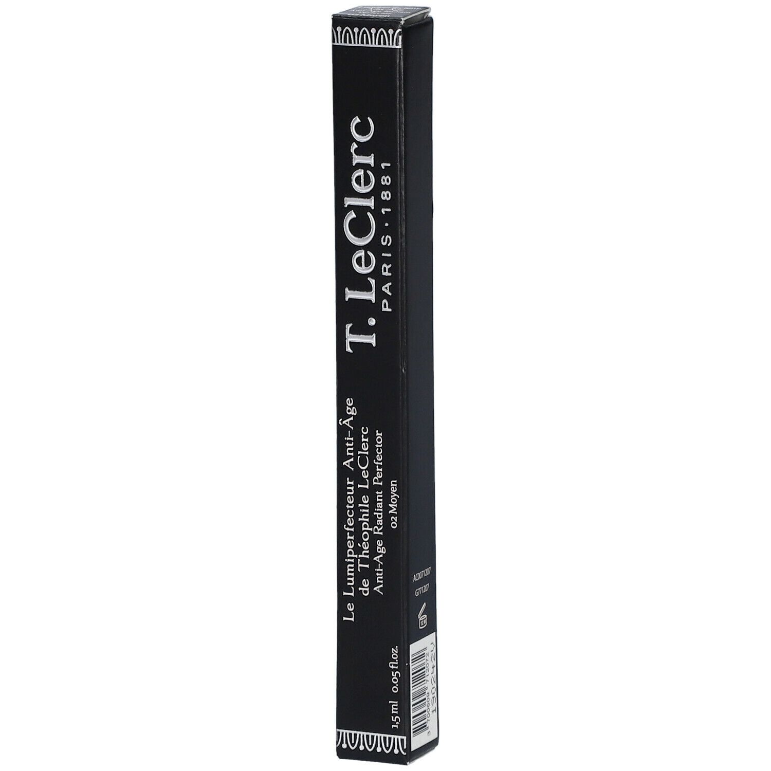 Schwarze Verpackung mit Produktnamen T.LeClerc. Text: Le Lumiparfait Anti-Âge de Théophile LeClerc. 1,5 ml.