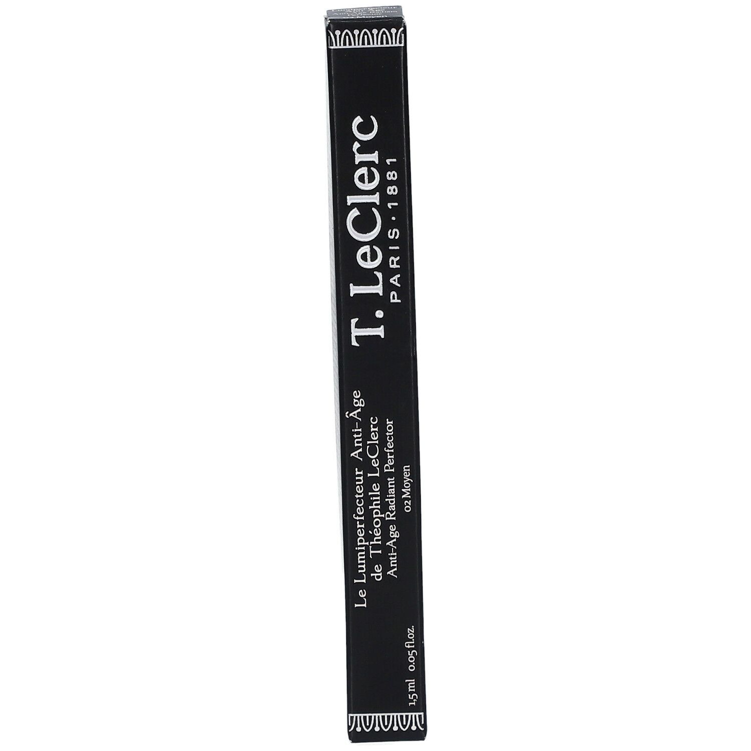 Schwarze Verpackung mit Produktnamen T.LeClerc. Text: Le Lumiparfait Anti-Âge de Théophile LeClerc. 1,5 ml.
