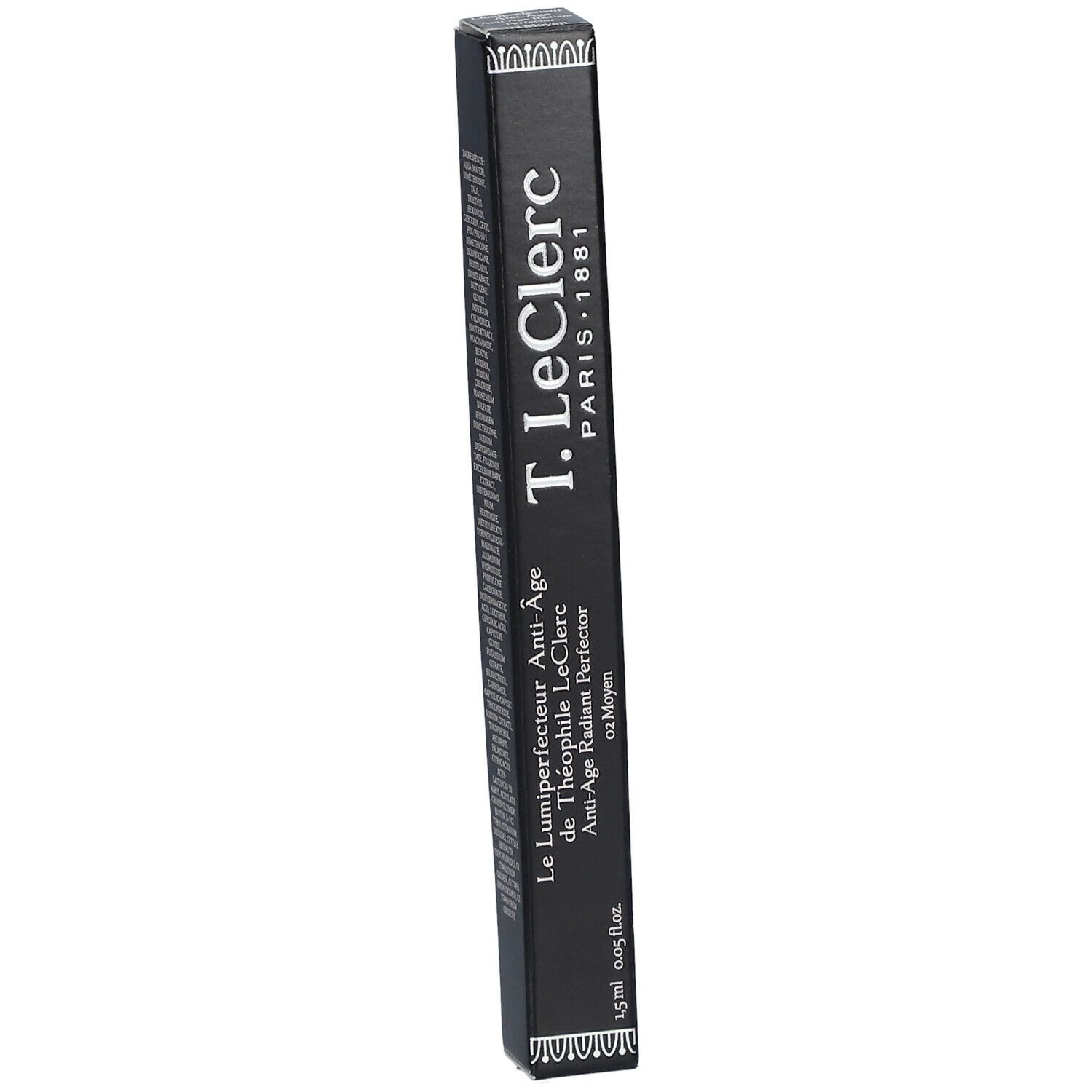 Schwarze Verpackung mit Produktnamen T.LeClerc. Text: Le Lumiparfait Anti-Âge de Théophile LeClerc. 1,5 ml.