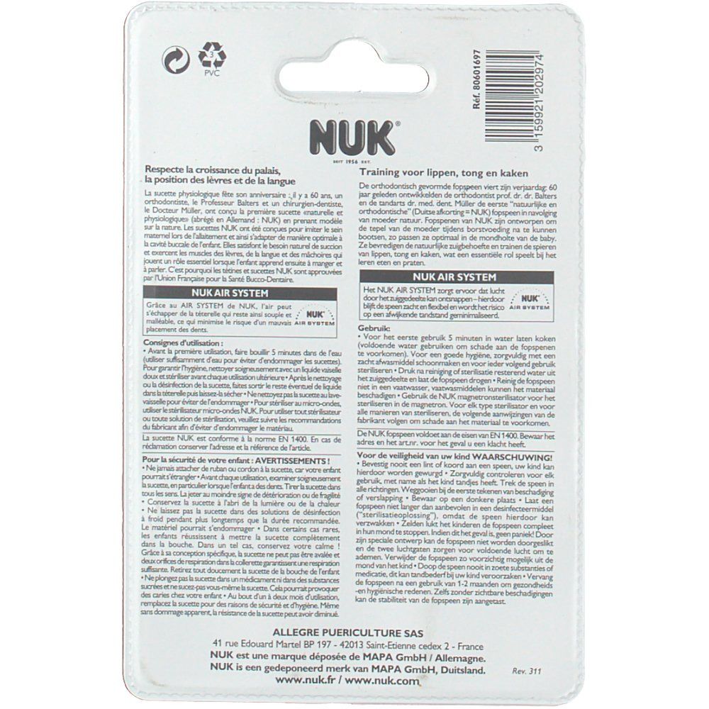 Dos de l'emballage de la sucette NUK. Texte multilingue. Informations d'utilisation et de sécurité.