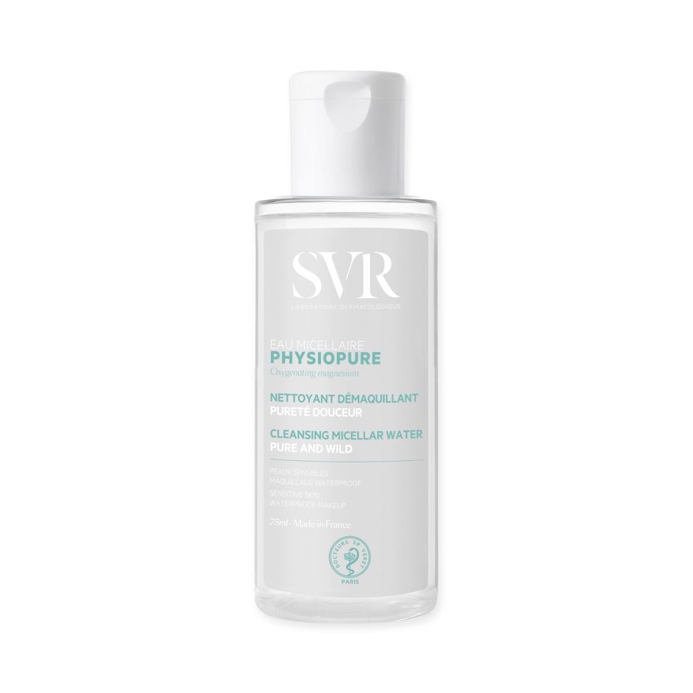 SVR PHYSIOPURE Micellair Water. Fles met witte dop. Opschrift PHYSIOPURE. Heldere vloeistof.