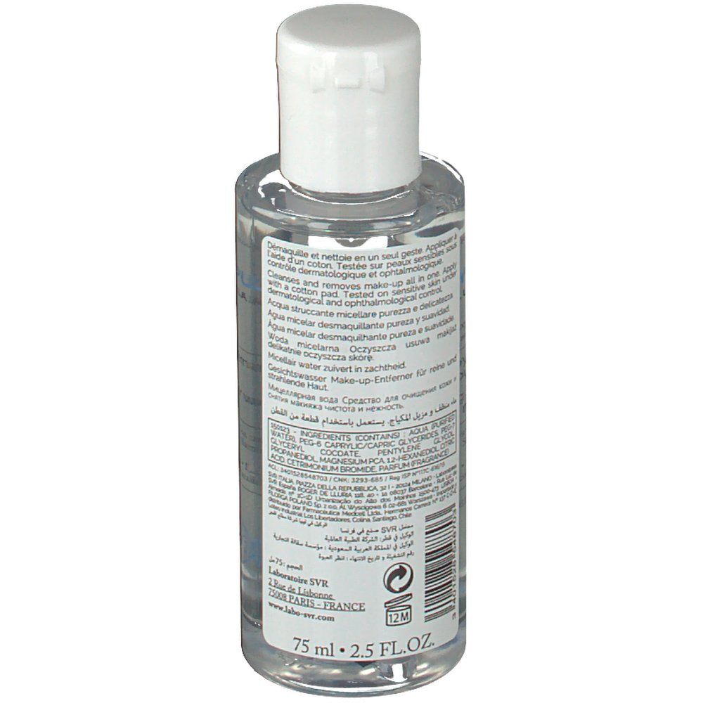 SVR PHYSIOPURE fles. Witte dop. Productinformatie en ingrediënten op de achterkant.