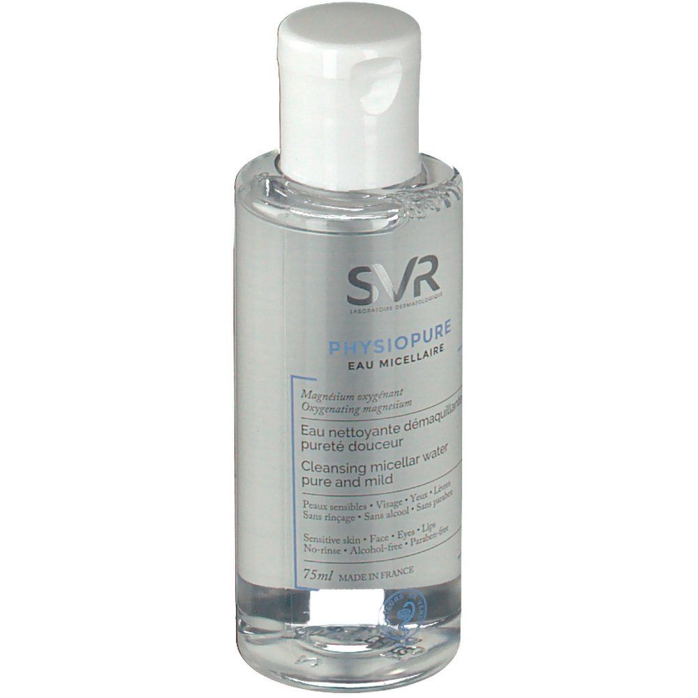 SVR PHYSIOPURE Micellair Water. Fles met witte dop. Opschrift PHYSIOPURE. Heldere vloeistof.