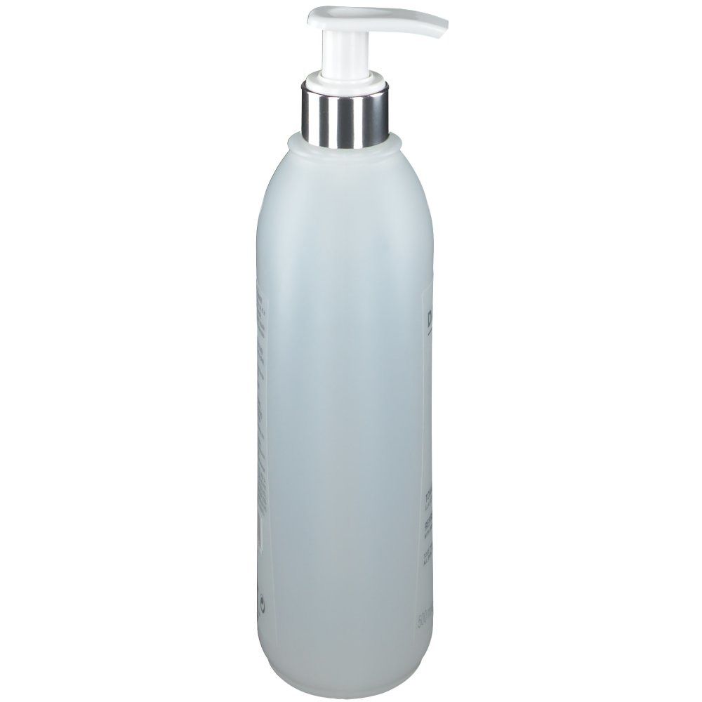 Fles met doseerpomp, zijaanzicht. Productnaam niet zichtbaar.