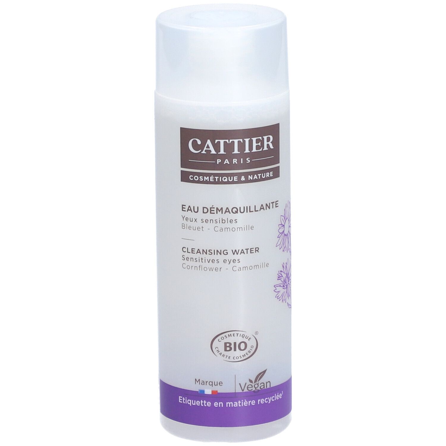 Weiß-transparente Flasche mit weißem Deckel. Aufdruck: Cattier Paris, Eau Démaquillante, Bio-Siegel, Vegan-Logo.
