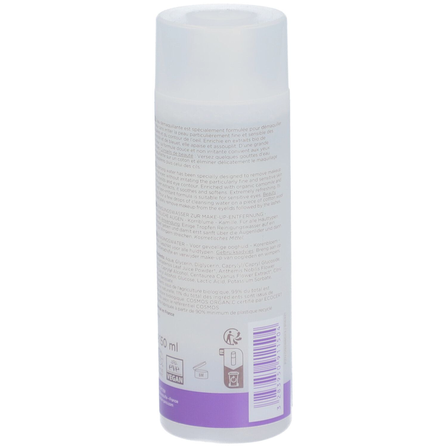 Rückseite der Flasche. Text in mehreren Sprachen. Vegan-Logo, Bio-Siegel, 150 ml.