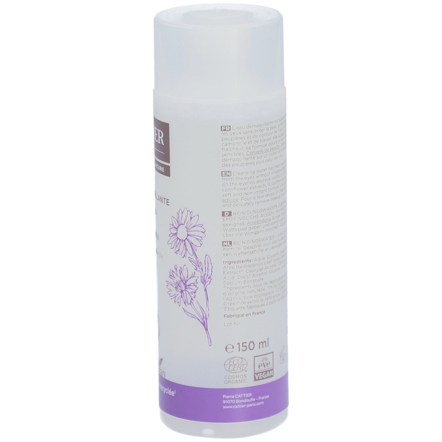 Rückseite der Flasche. Text in mehreren Sprachen. Vegan-Logo, Bio-Siegel, 150 ml.