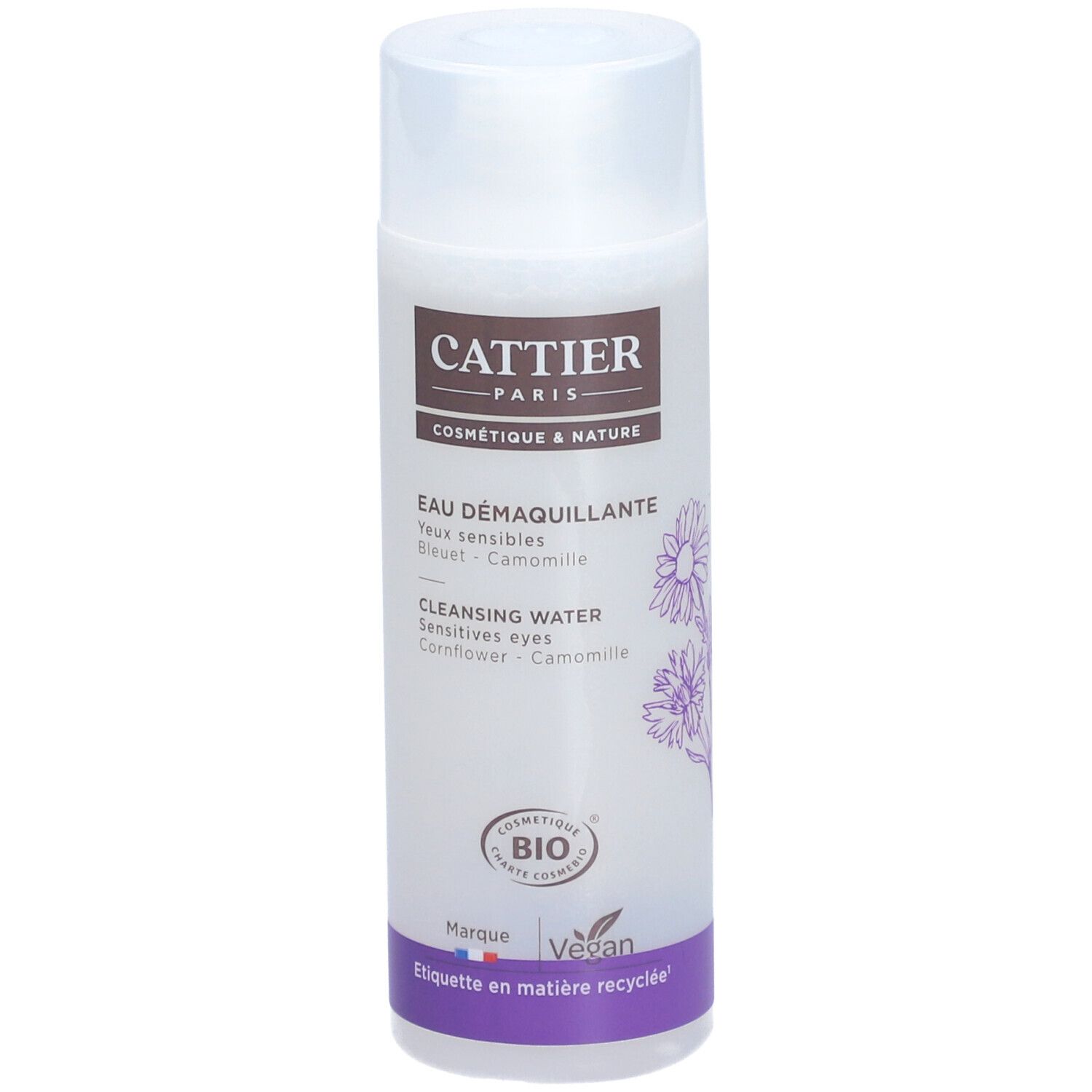 Weiß-transparente Flasche mit weißem Deckel. Aufdruck: Cattier Paris, Eau Démaquillante, Bio-Siegel, Vegan-Logo.