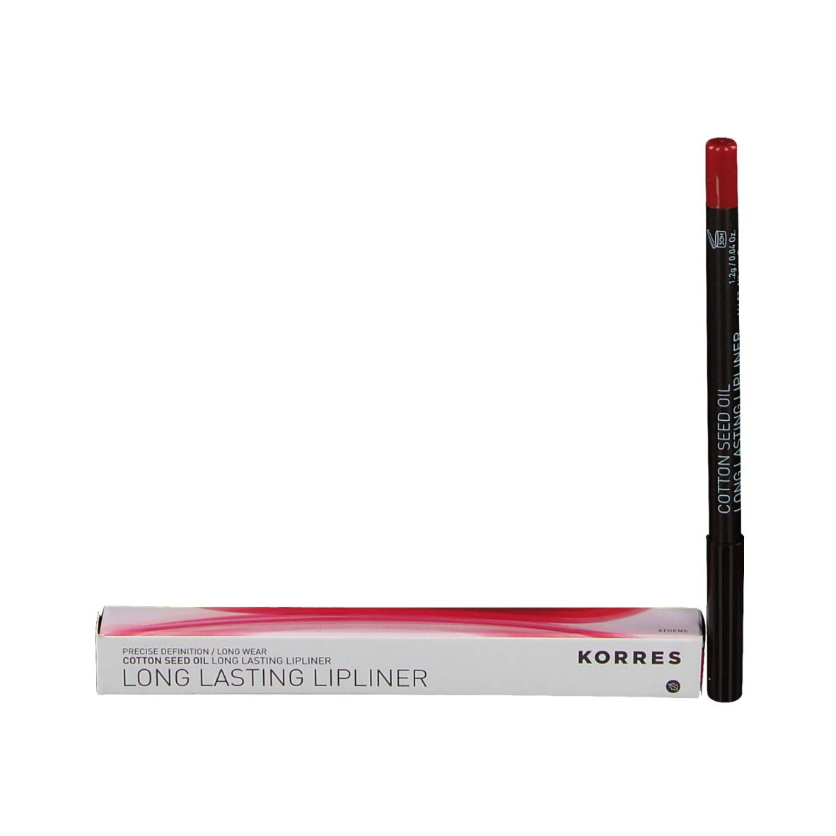 Crayon contour des lèvres rouge et emballage. Crayon noir, pointe rouge. Emballage avec le nom KORRES et la désignation du produit.