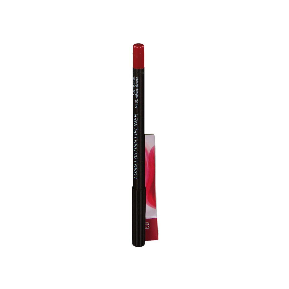 Crayon contour des lèvres rouge. Crayon noir, pointe rouge. Désignation du produit et inscription LONG LASTING LIPLINER.