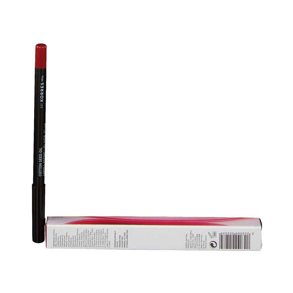 Crayon contour des lèvres rouge et emballage. Crayon noir, pointe rouge. Emballage avec le nom KORRES et la désignation du produit.