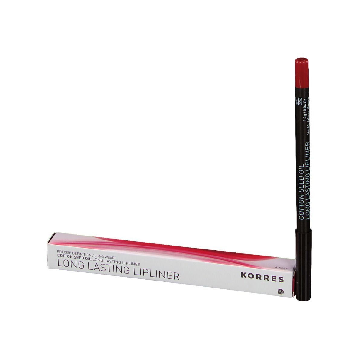 Crayon contour des lèvres rouge et emballage. Crayon noir, pointe rouge. Emballage avec le nom KORRES et la désignation du produit.