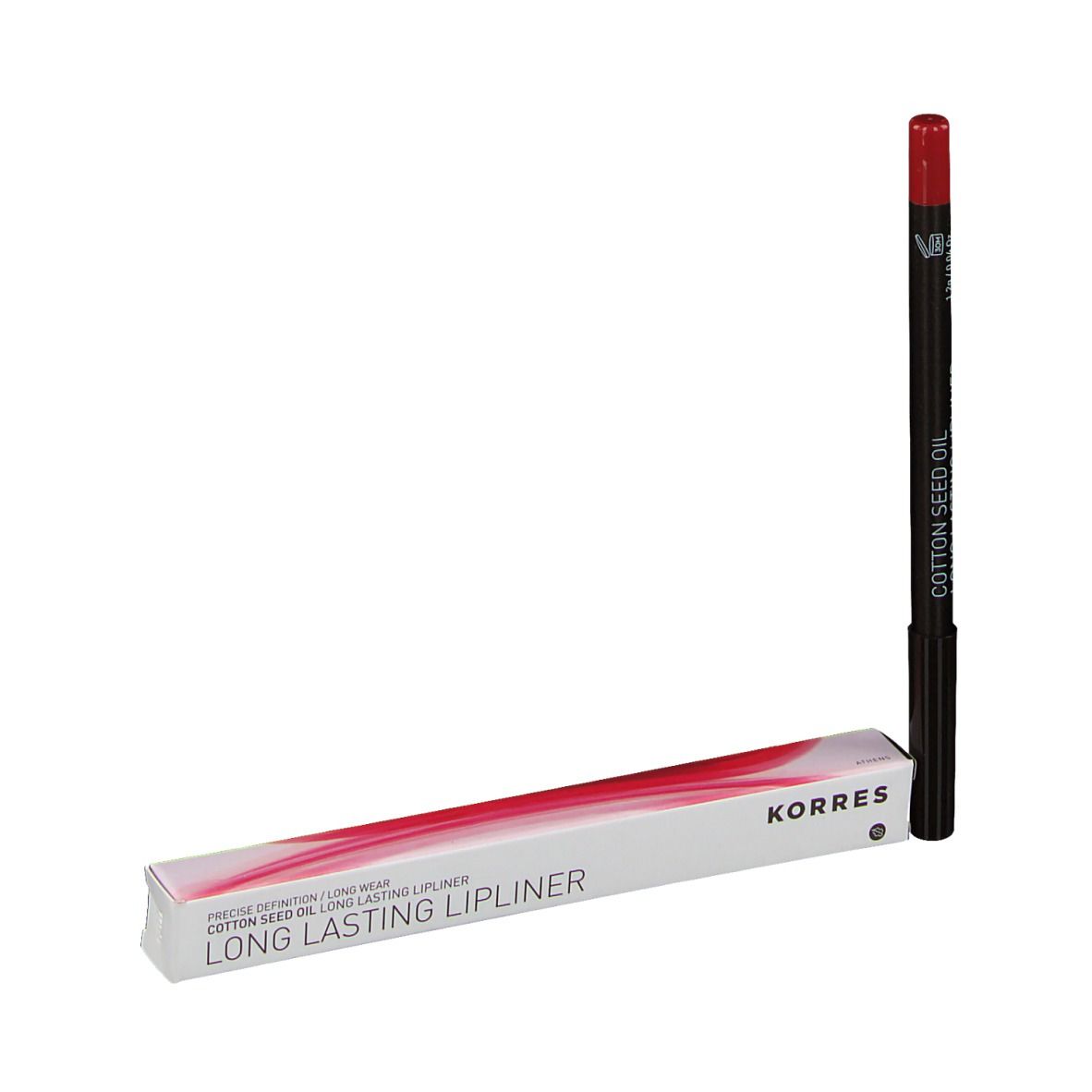 Crayon contour des lèvres rouge et emballage. Crayon noir, pointe rouge. Emballage avec le nom KORRES et la désignation du produit.