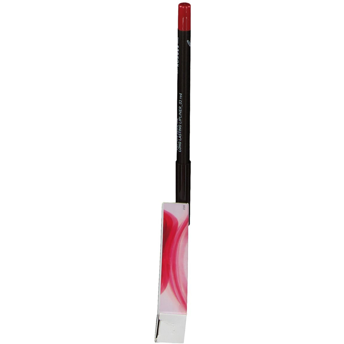 Crayon contour des lèvres rouge. Crayon noir, pointe rouge. Désignation du produit et inscription LONG LASTING LIPLINER.