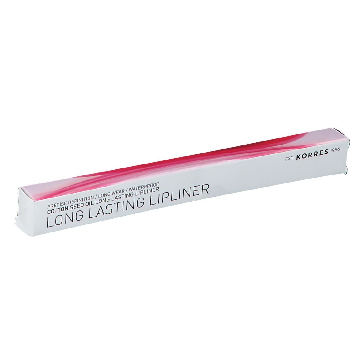 Emballage du crayon à lèvres KORRES. Étui blanc avec motif rose. Inscription : Long Lasting Lipliner.
