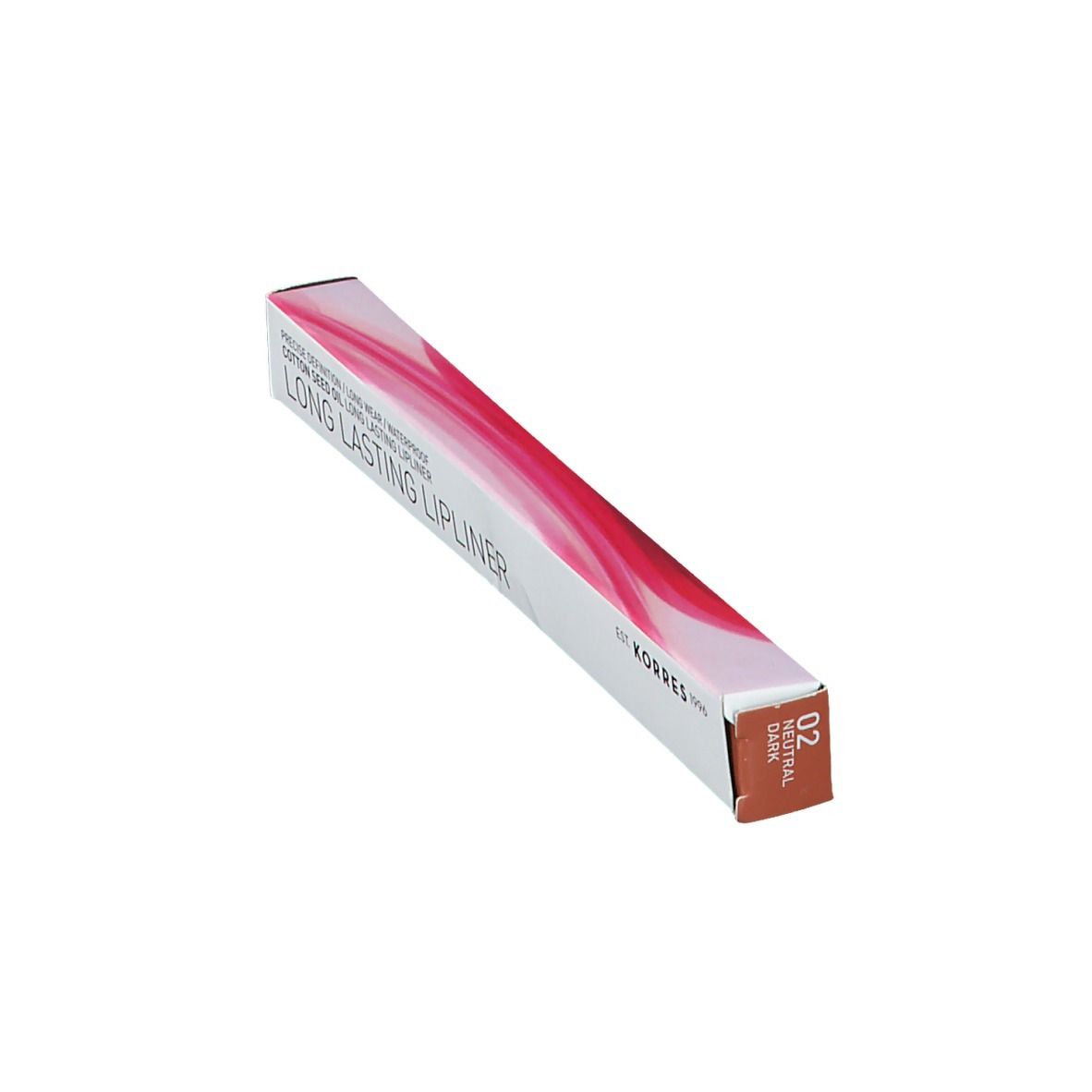 Emballage du crayon à lèvres KORRES. Étui blanc avec motif rose. Inscription : Long Lasting Lipliner. Coin avec code couleur 02 Neutral Dark.