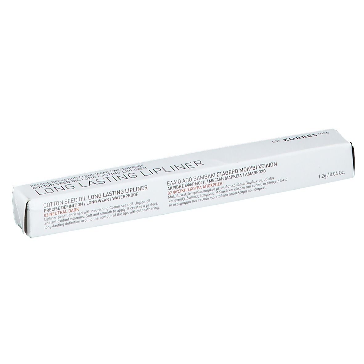 Emballage du crayon à lèvres KORRES. Étui blanc avec motif rose. Inscription : Long Lasting Lipliner. Coin avec code couleur 02 Neutral Dark.