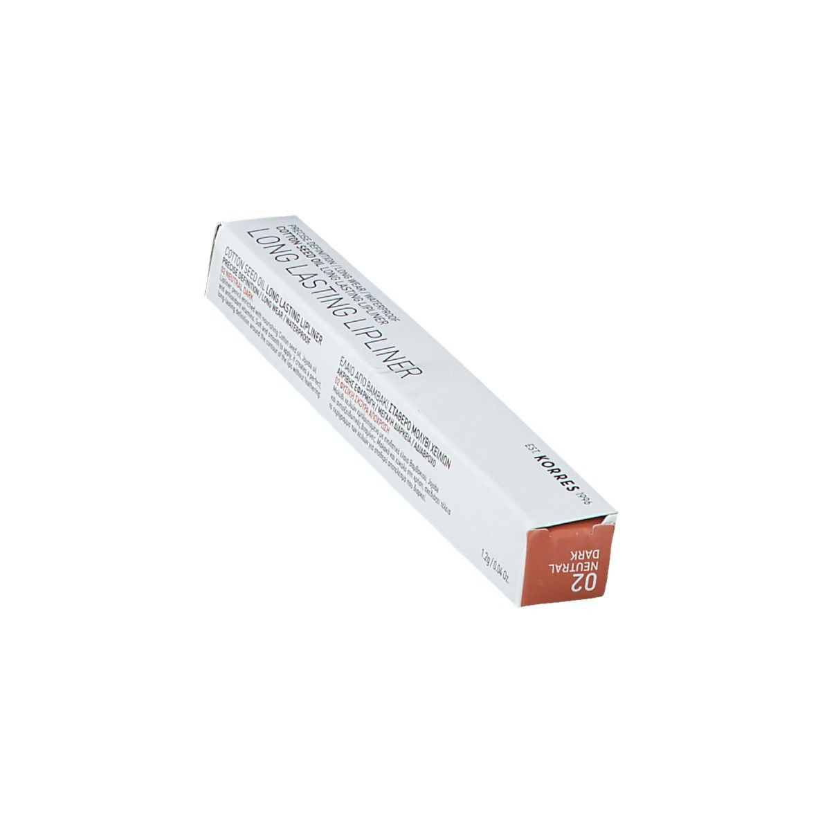 Emballage du crayon à lèvres KORRES. Étui blanc avec motif rose. Inscription : Long Lasting Lipliner. Coin avec code couleur 02 Neutral Dark.