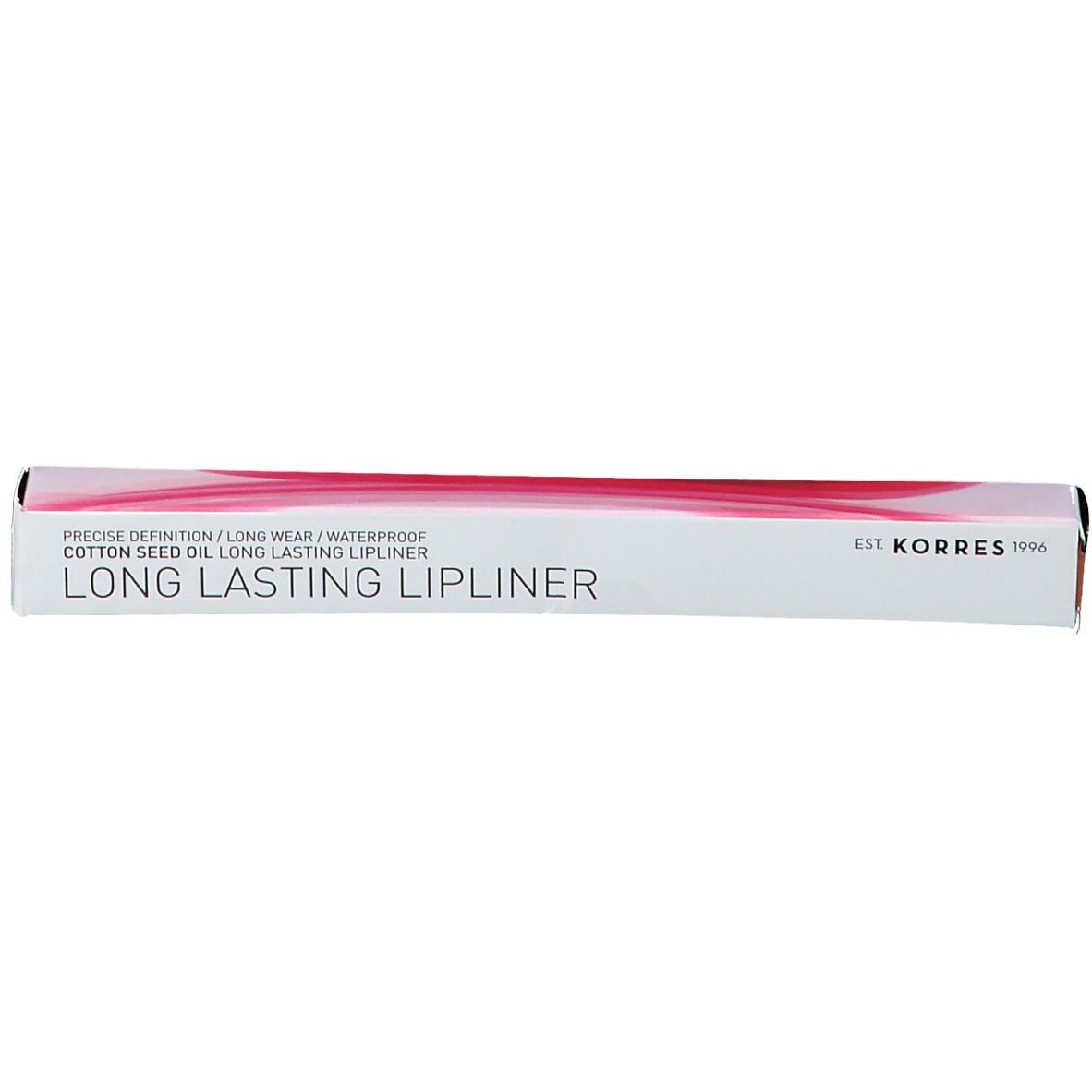 Emballage du crayon à lèvres KORRES. Étui blanc avec motif rose. Inscription : Long Lasting Lipliner.