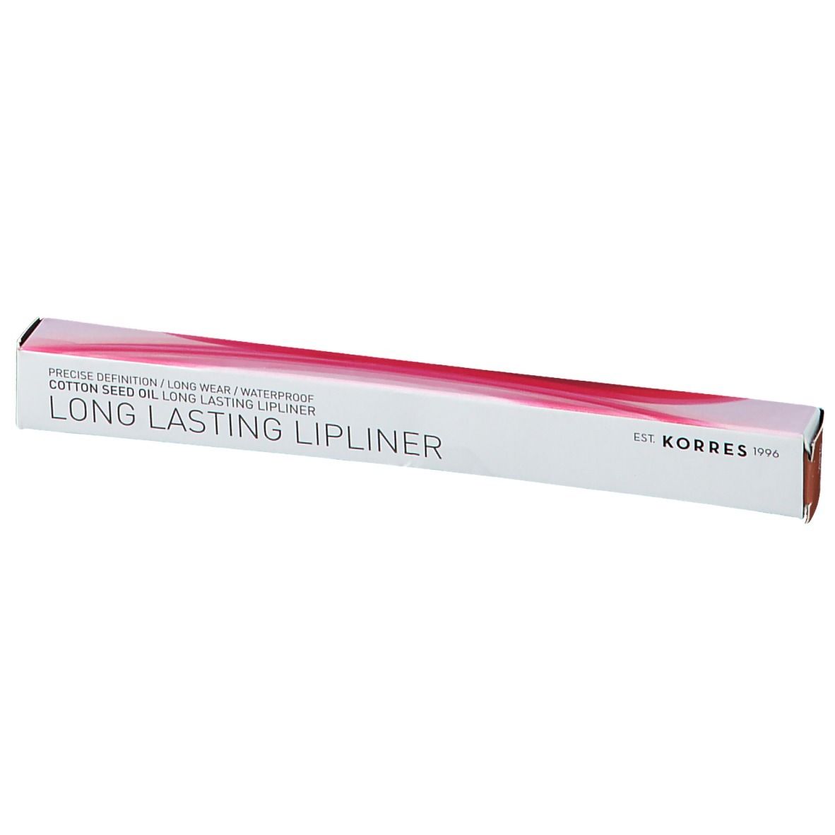 Emballage du crayon à lèvres KORRES. Étui blanc avec motif rose. Inscription : Long Lasting Lipliner.
