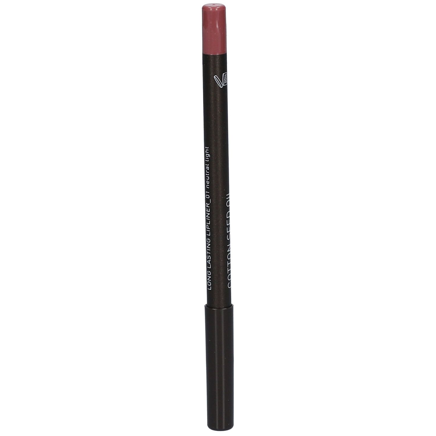 Lipliner. Donkerbruine potlood met roze punt. Tekst: Cotton Seed Oil Long Lasting Lipliner.