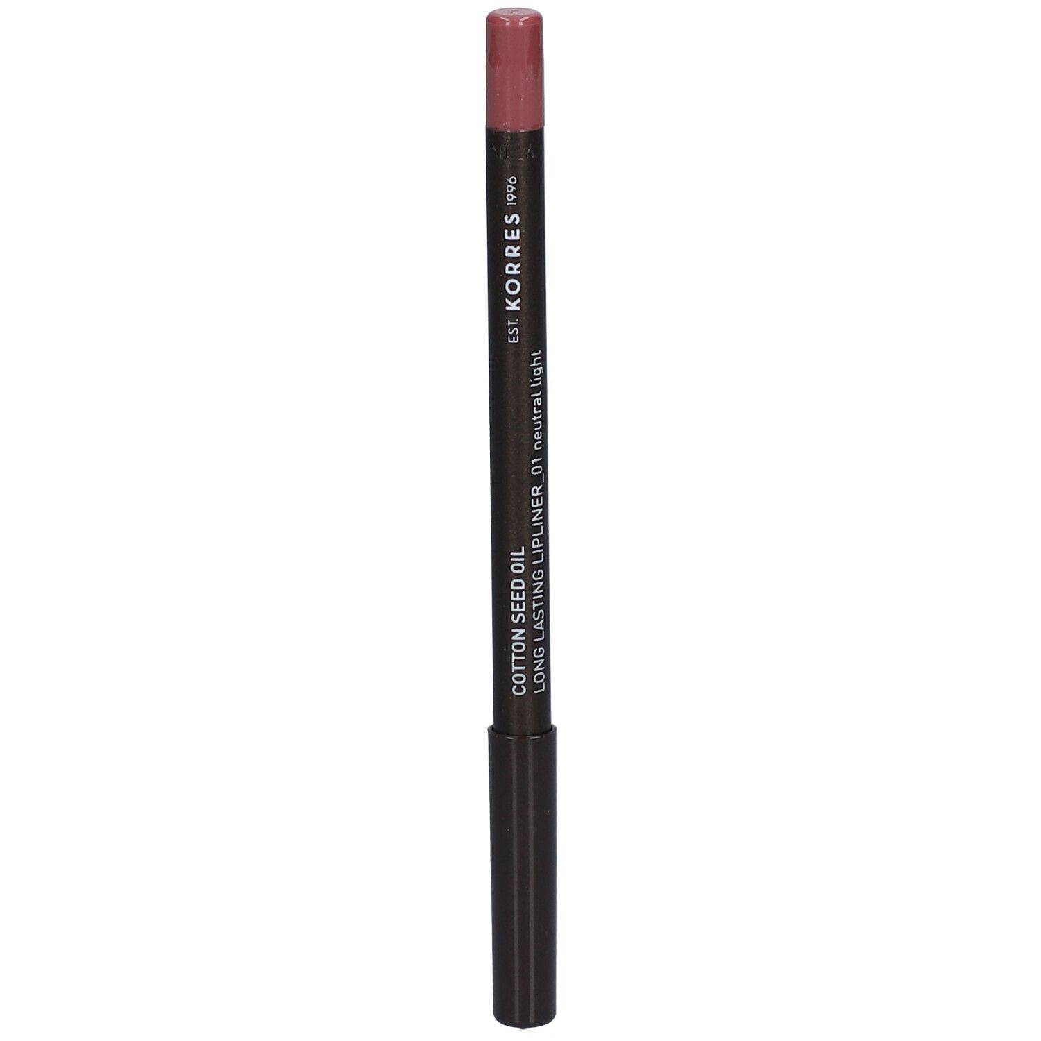 Lipliner. Donkerbruine potlood met roze punt. Tekst: Cotton Seed Oil Long Lasting Lipliner.