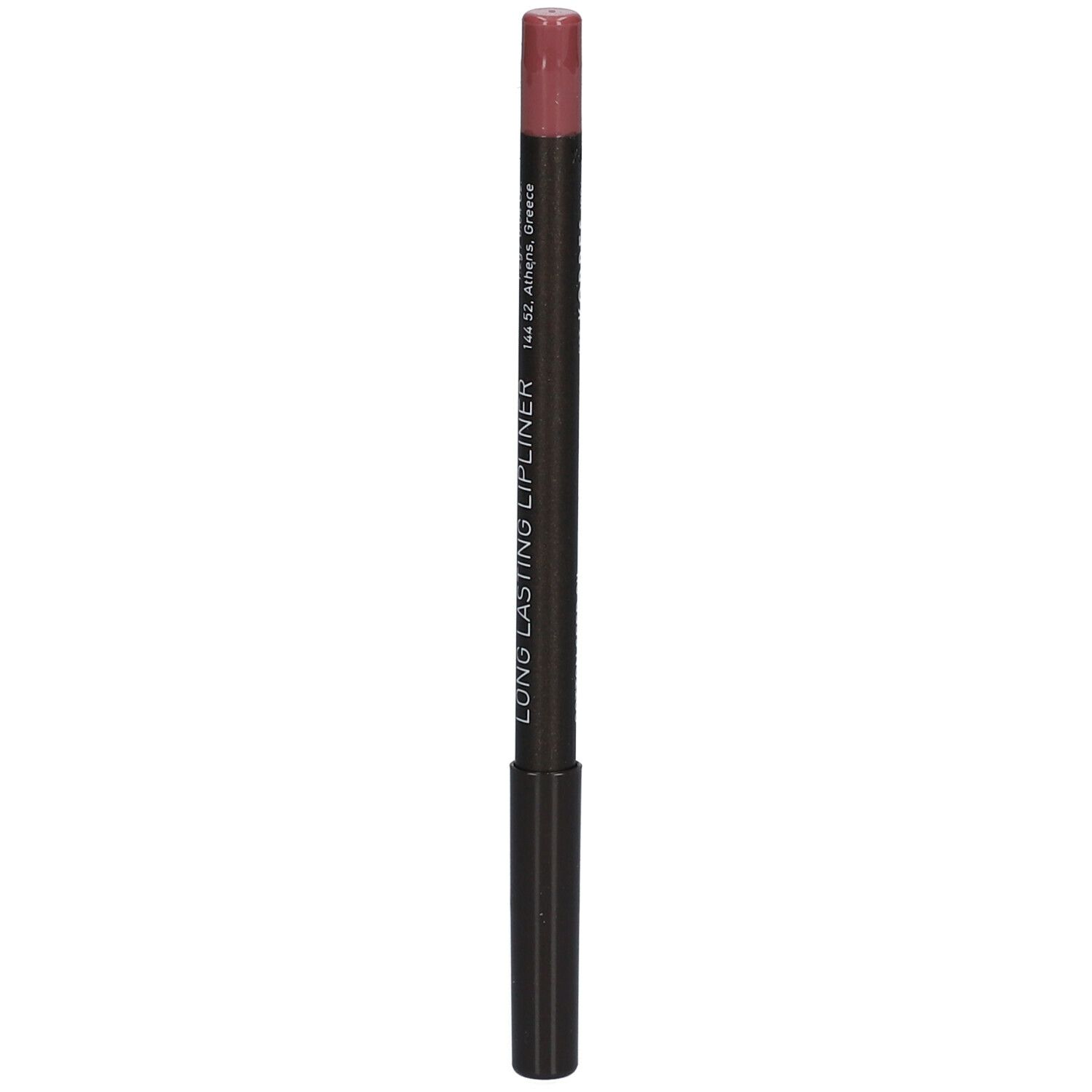 Lipliner. Donkerbruine potlood met roze punt. Tekst: Cotton Seed Oil Long Lasting Lipliner.