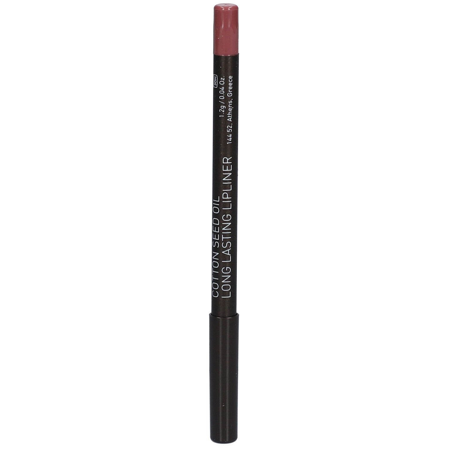 Lipliner. Donkerbruine potlood met roze punt. Tekst: Cotton Seed Oil Long Lasting Lipliner.