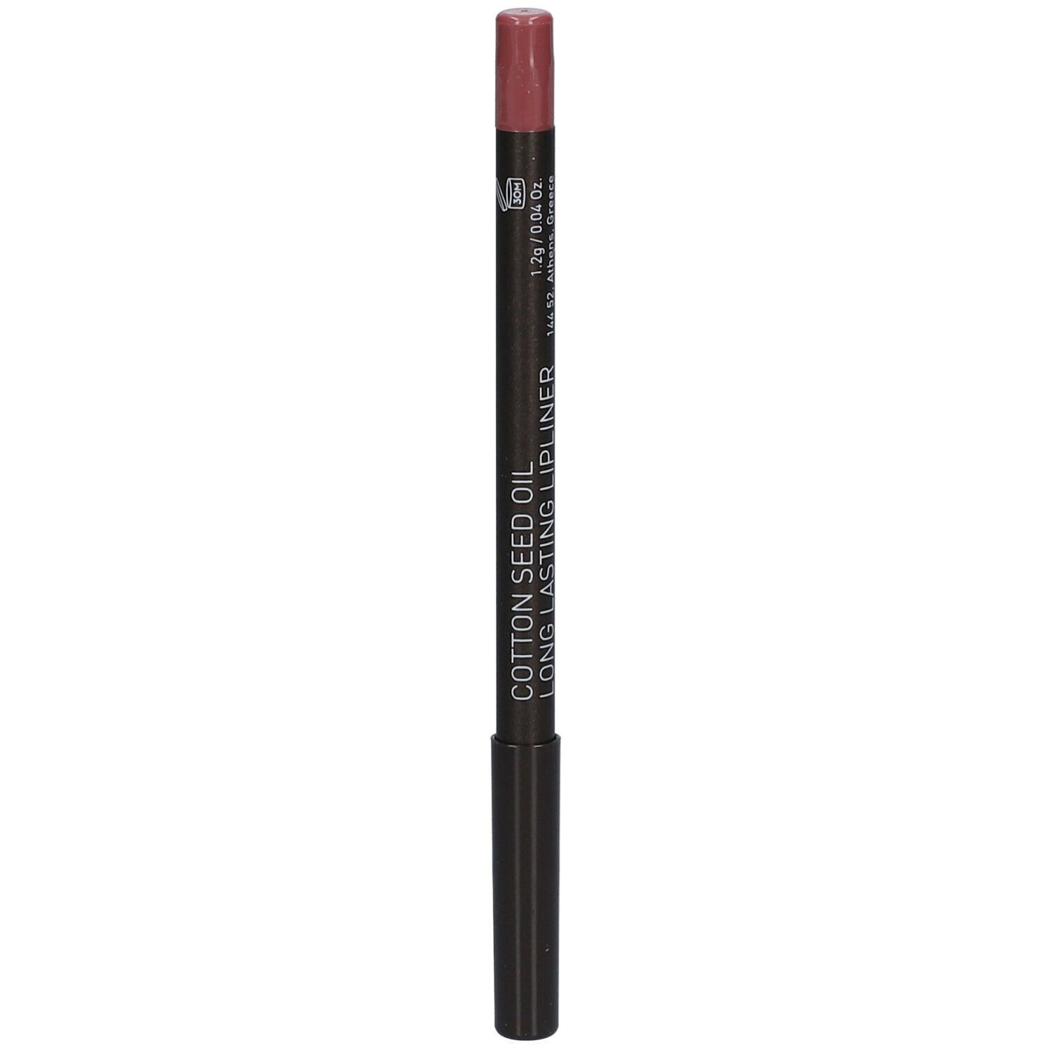 Lipliner. Donkerbruine potlood met roze punt. Tekst: Cotton Seed Oil Long Lasting Lipliner.