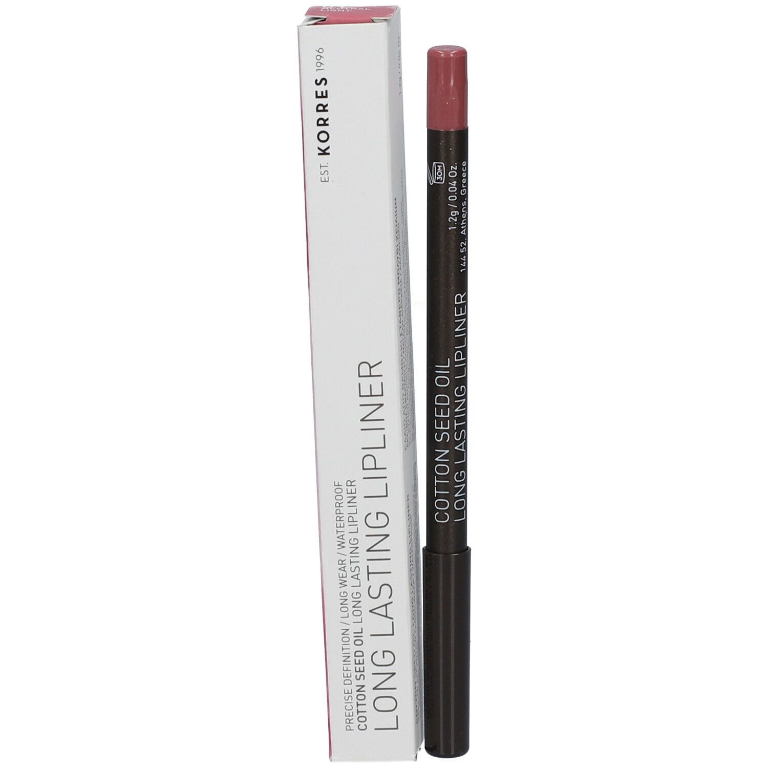 Lipliner en verpakking. Potlood en verpakking met tekst: Long Lasting Lipliner, Cotton Seed Oil.