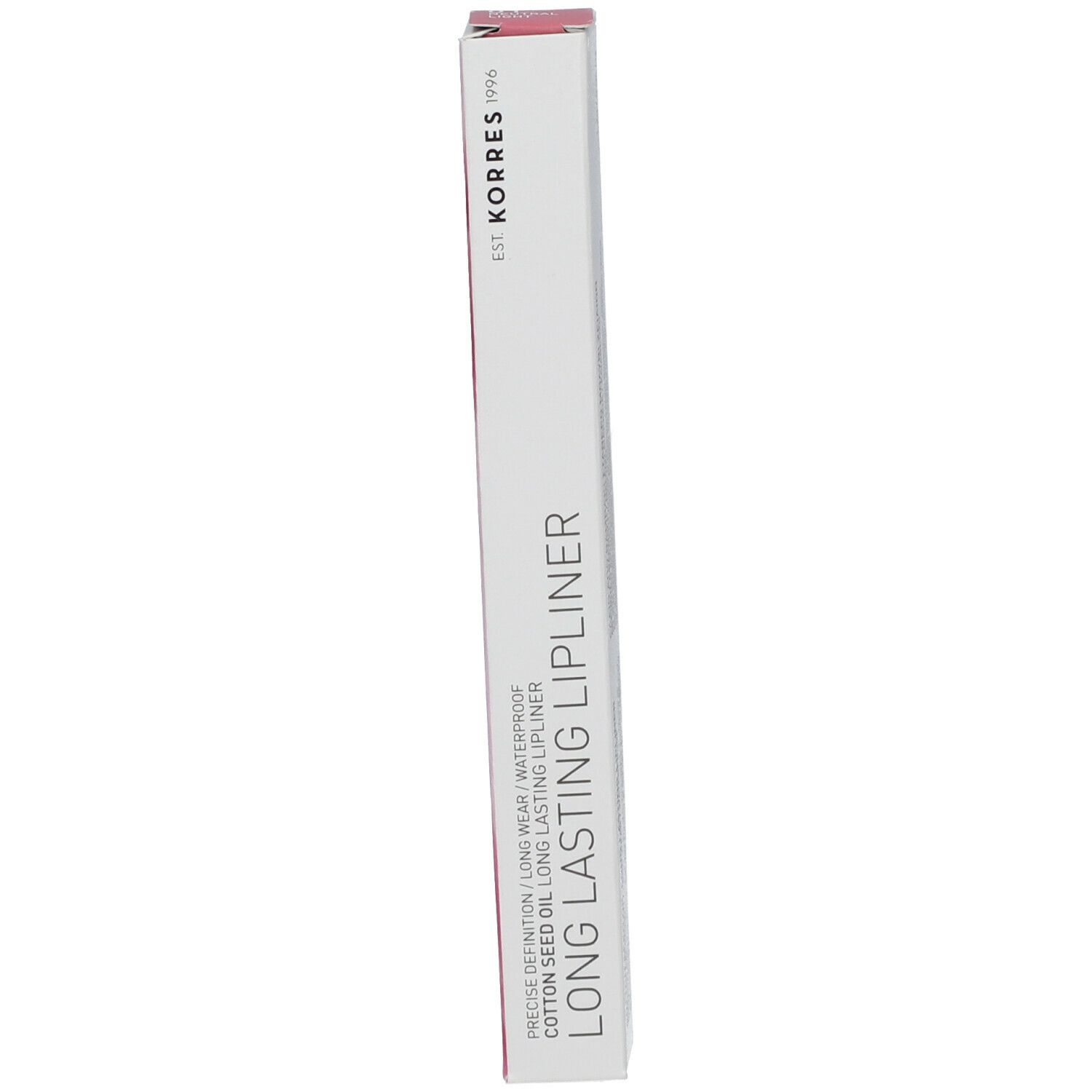 Verpakking voor lipliner. Wit met tekst: Long Lasting Lipliner, Cotton Seed Oil.