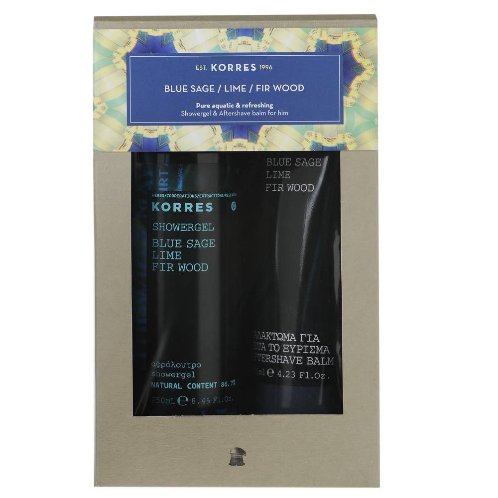 Cadeauset met twee producten. Zwarte tubes met witte tekst. Opschrift: KORRES, Showergel, Aftershave Balm. Blauwe tekst: Blue Sage, Lime, Fir Wood.