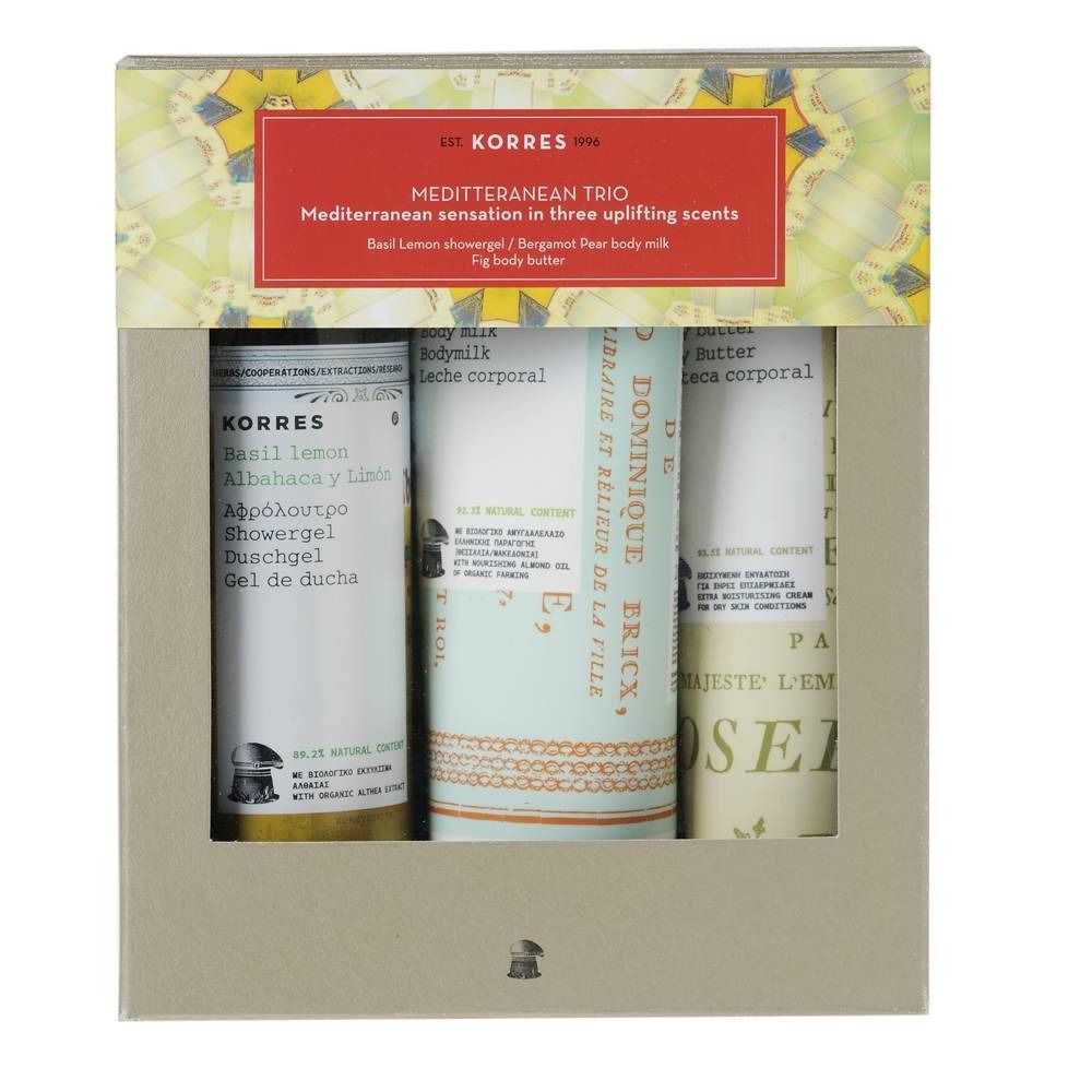Coffret cadeau Korres. Contient gel douche, lait corporel et beurre corporel. Inscription: Méditerranée Trio.