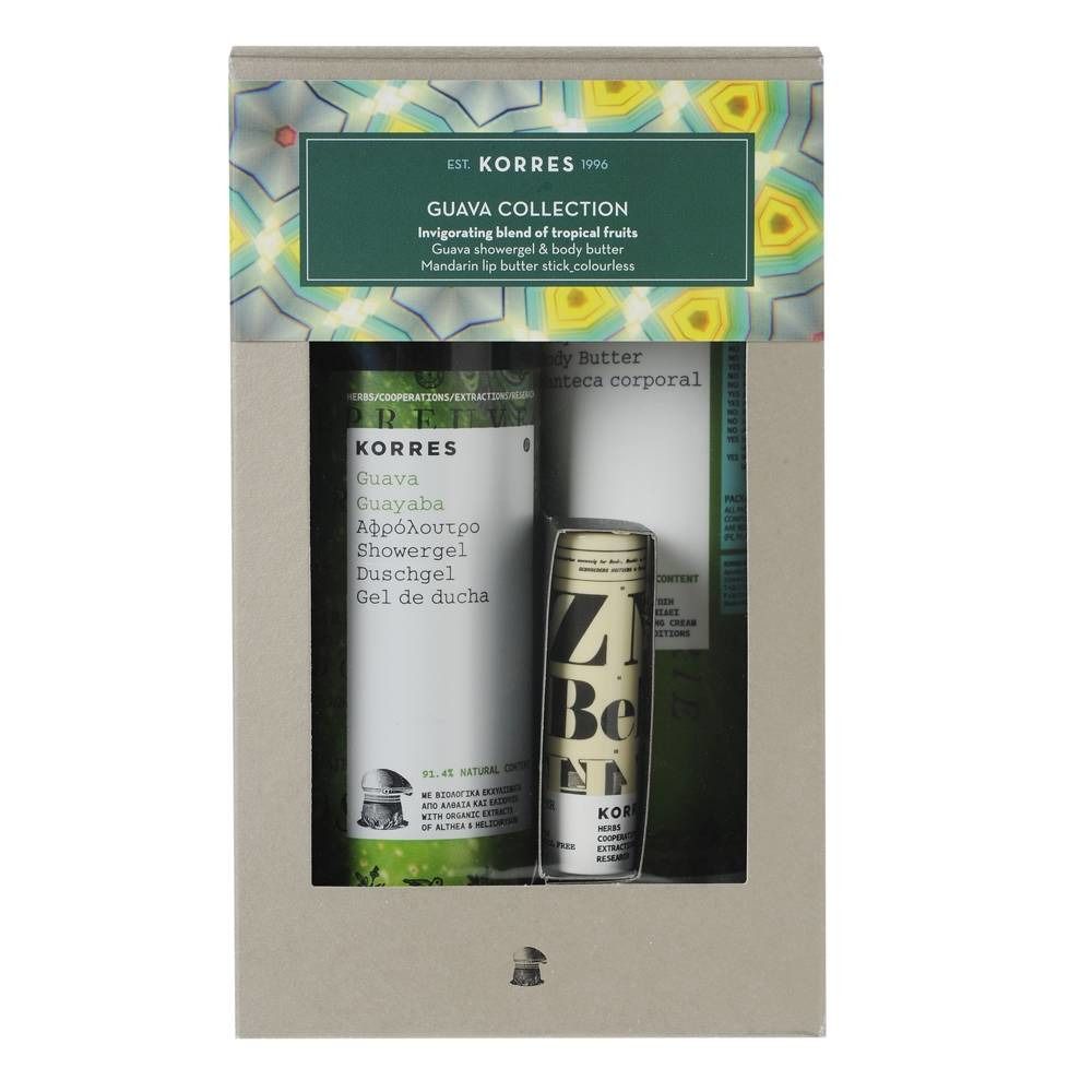 Coffret cadeau KORRES Goyave. Contient gel douche, beurre corporel et baume à lèvres. Emballage en carton avec motif goyave.