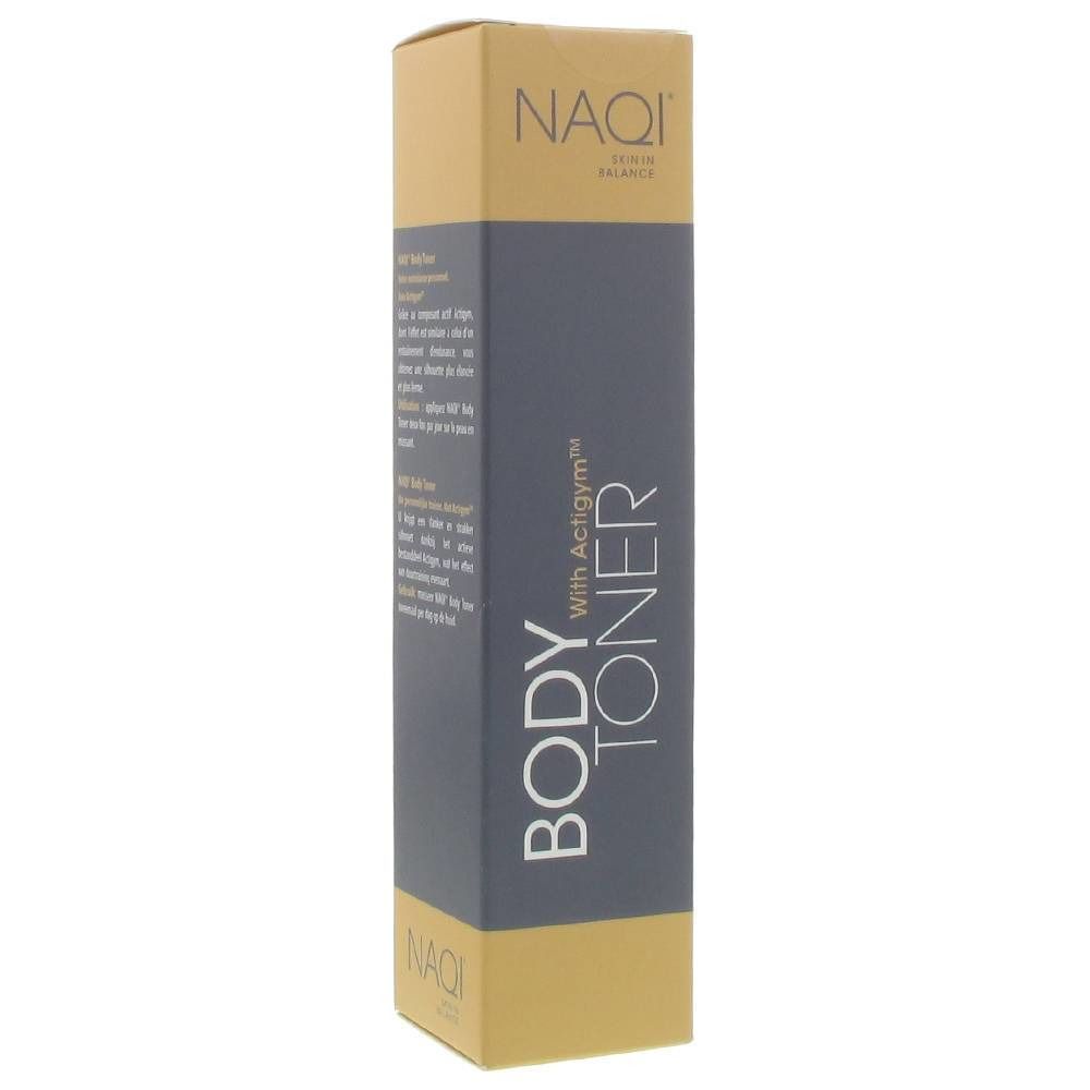 Doos met BODY TONER With Actigym™. Merk NAQI. Goud- en donkergrijze kleuren.