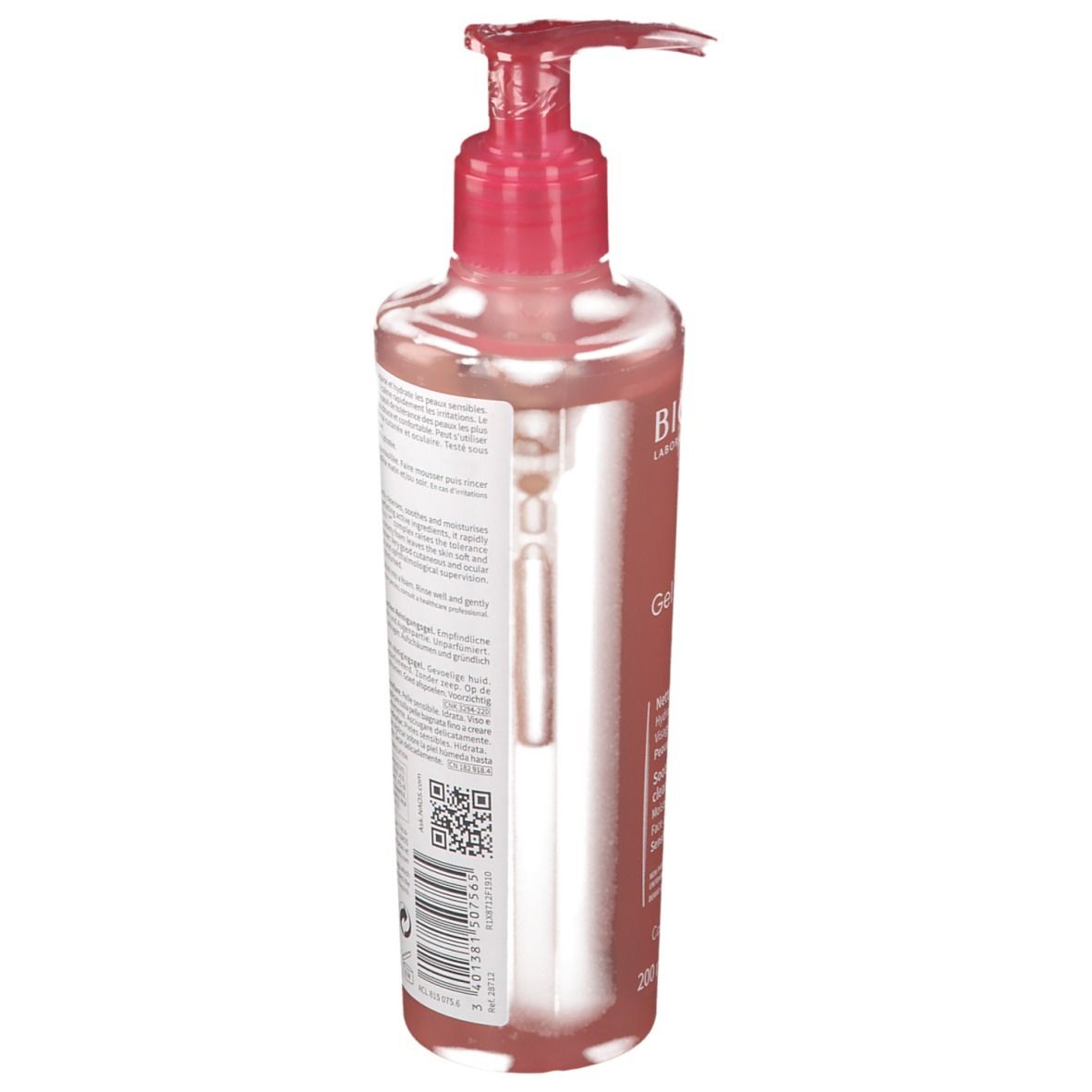 BIODERMA Sensibio Gel moussant. Dos du flacon. Texte sur l'étiquette. Liquide rose visible.