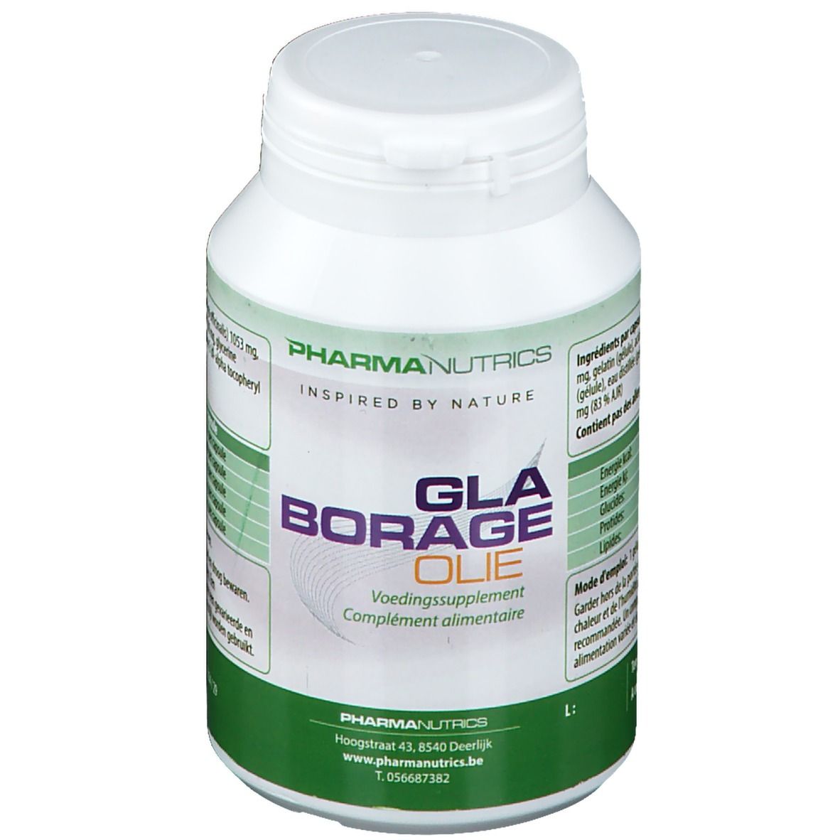 Witte fles met groen etiket. Opschrift: GLA Borrage Oil, voedingssupplement. Merk: PharmaNutrics.