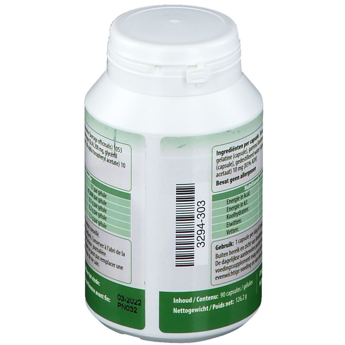 Achteraanzicht van een witte fles met groen etiket. Bevat informatie over ingrediënten en voedingswaarde. Barcode.