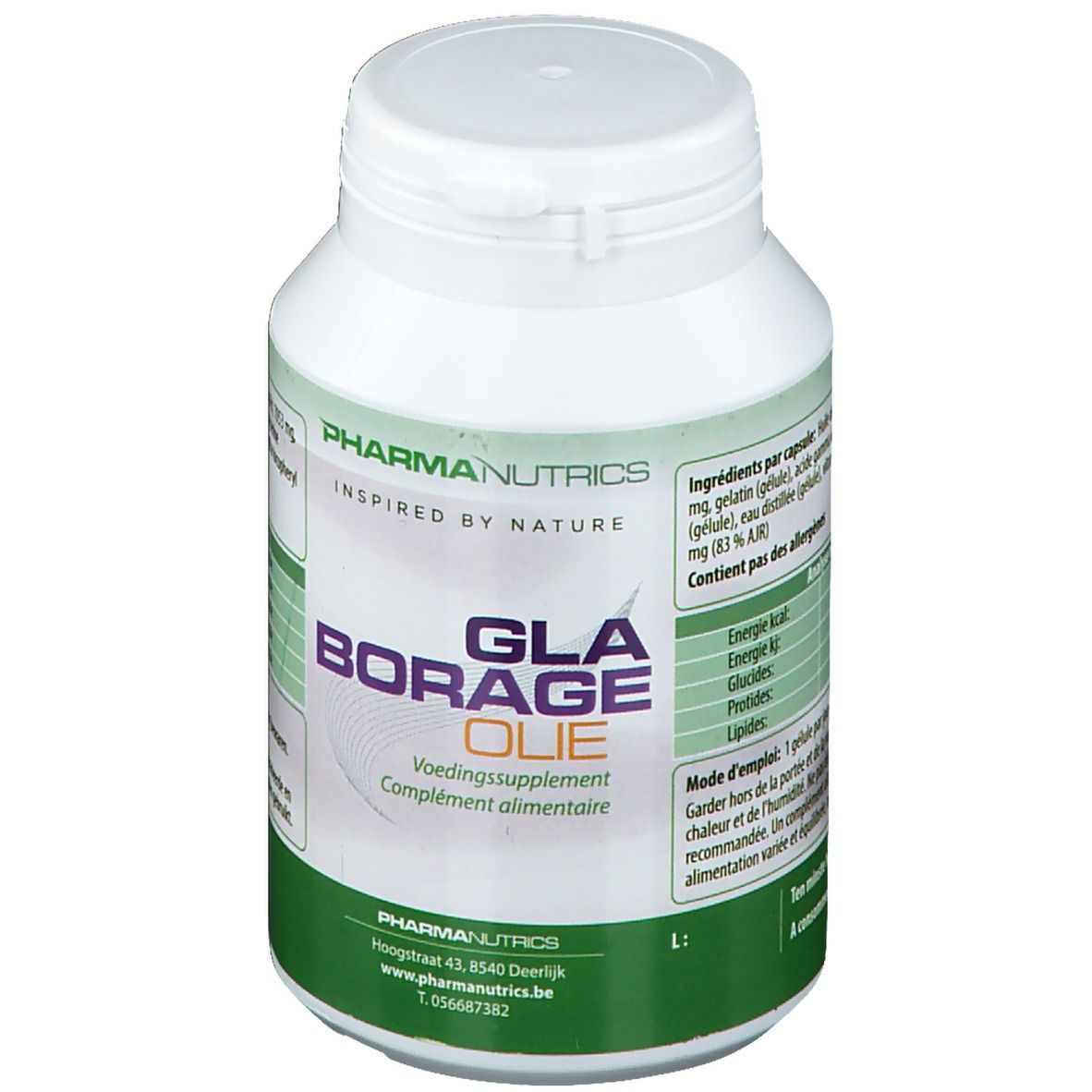 Witte fles met groen etiket. Opschrift: GLA Borrage Oil, voedingssupplement. Merk: PharmaNutrics.