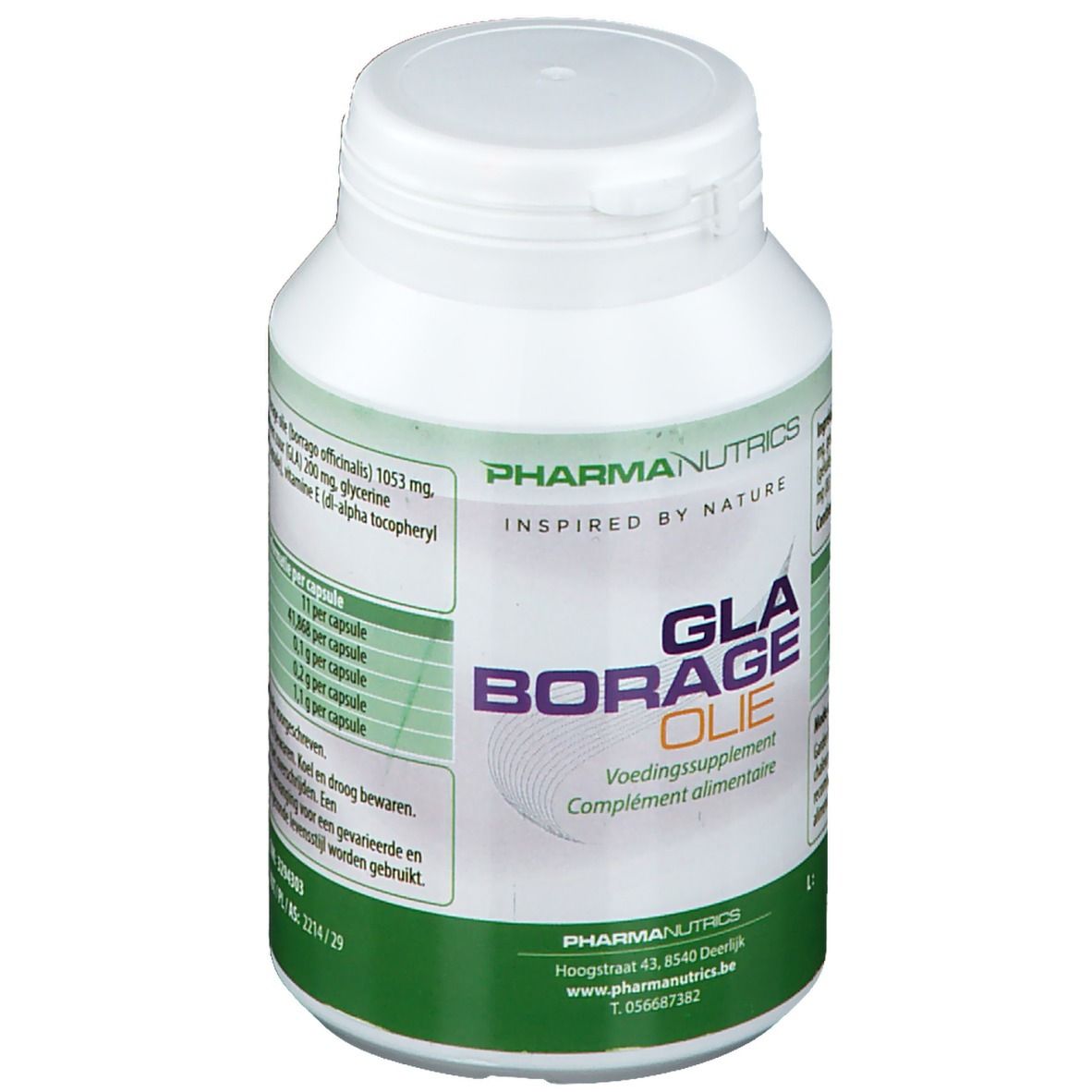 Witte fles met groen etiket. Opschrift: GLA Borrage Oil, voedingssupplement. Merk: PharmaNutrics.