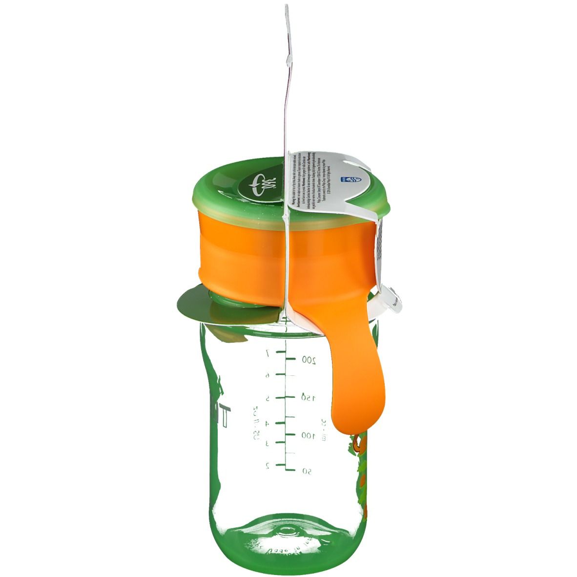 Trinklernbecher, grün-orange. Mit Griffen und Messskala. Verpackung mit Produktinformationen. AVENT-Logo. 360° Trinkrand.