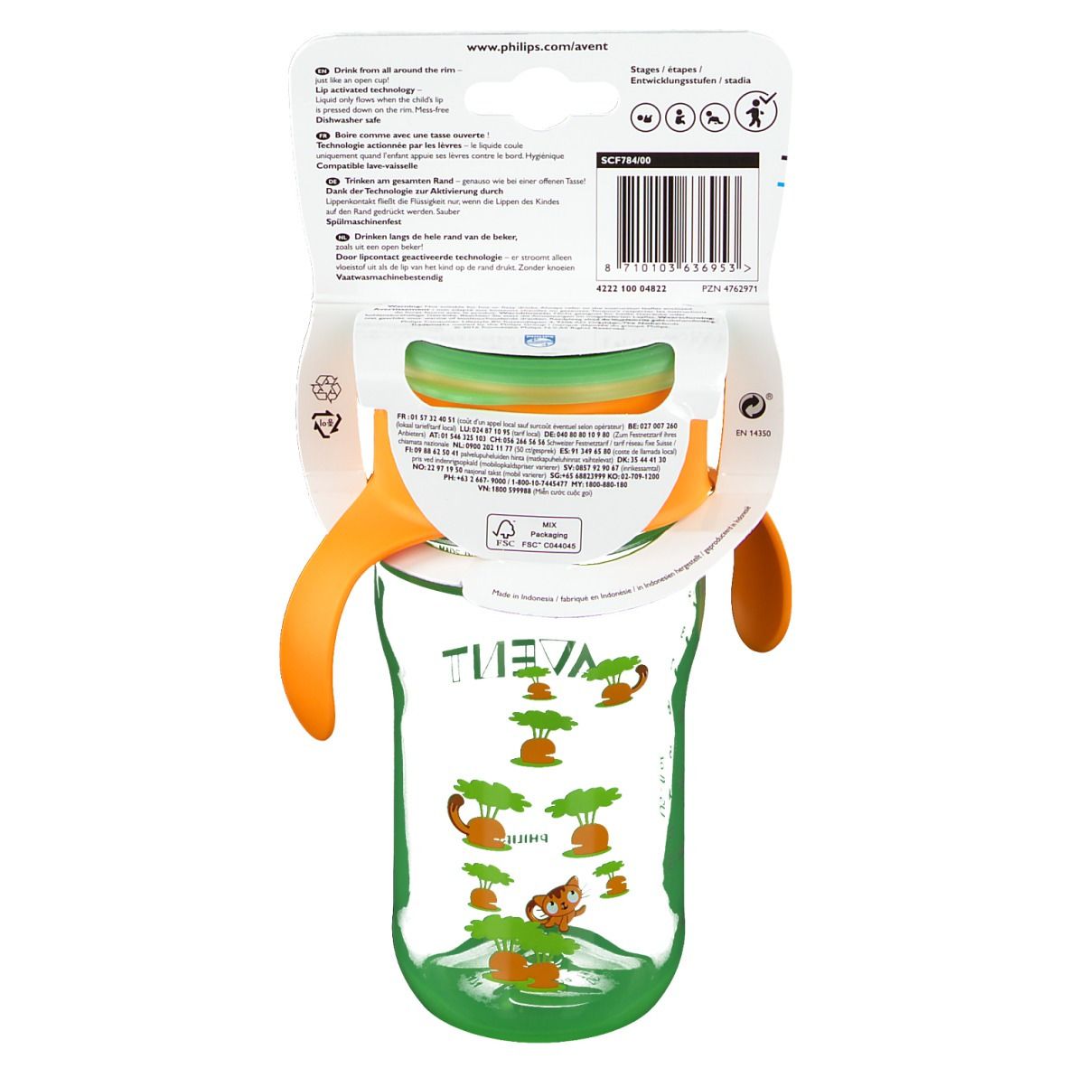Rückseite des Trinklernbechers. Produktinformationen auf Verpackung. AVENT-Logo. 360° Trinkrand. Mit Griffen. Messskala.